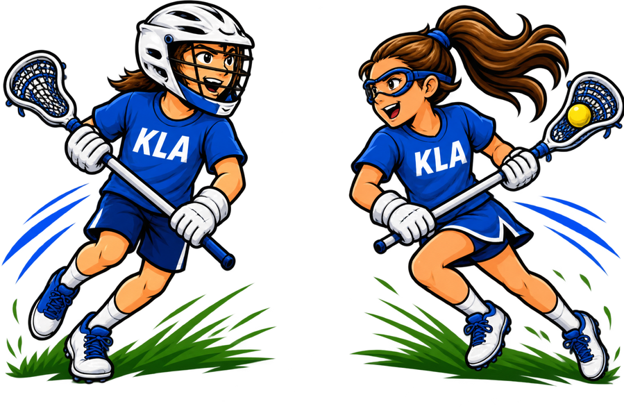 Young students in light blue shirts practicing lacrosse skills with coaches on an outdoor turf field near a lacrosse goal.